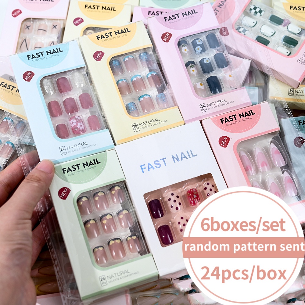 Nail Art Press On - 6 Boxen/Set Kurze Quadratische Künstliche Nägel