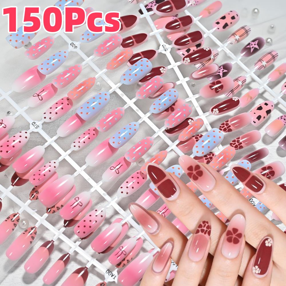 Nail Art Press On - 150 Stück Rosa-Blau Ombré Leoparden-Polka-Dot Künstliche
