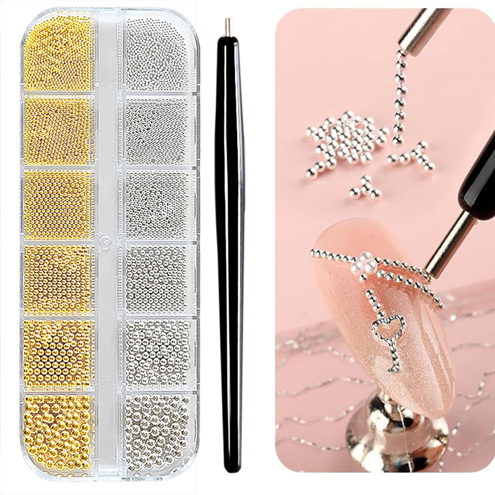 Nail Art Valentines Day - 12Grid Gold/Silber Mini Kaviar Perlen Nail