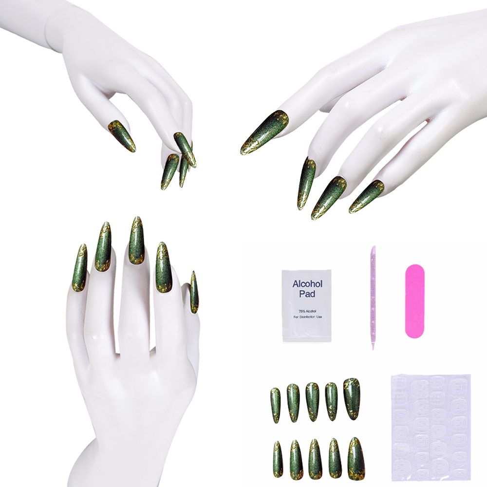 Nail Art Press On - Grüne Pressnägel mit glitzernden goldenen Akzenten,