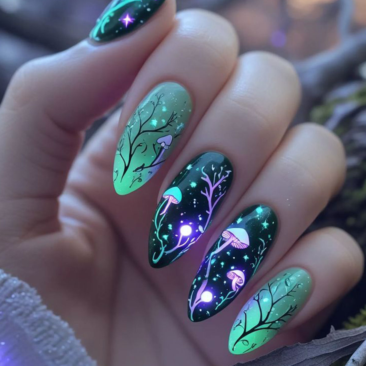 Nail Art Press On - Mandel-Press-on-Nägel, Pilz-Kunstnägel, Blatt-Wisch-Design, zum Aufdrücken der