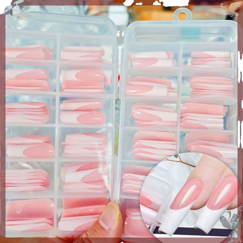Nail Art Press On - 120 Stück glänzende rosa French-Press-on-Nägel, lang,