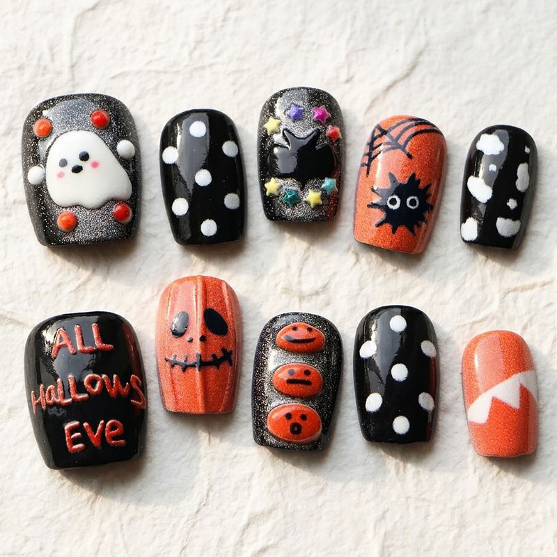 Nail Art Press On - 10 Stück Halloween-Geister-Kürbis-Aufklebnägel Süßer & Cooler